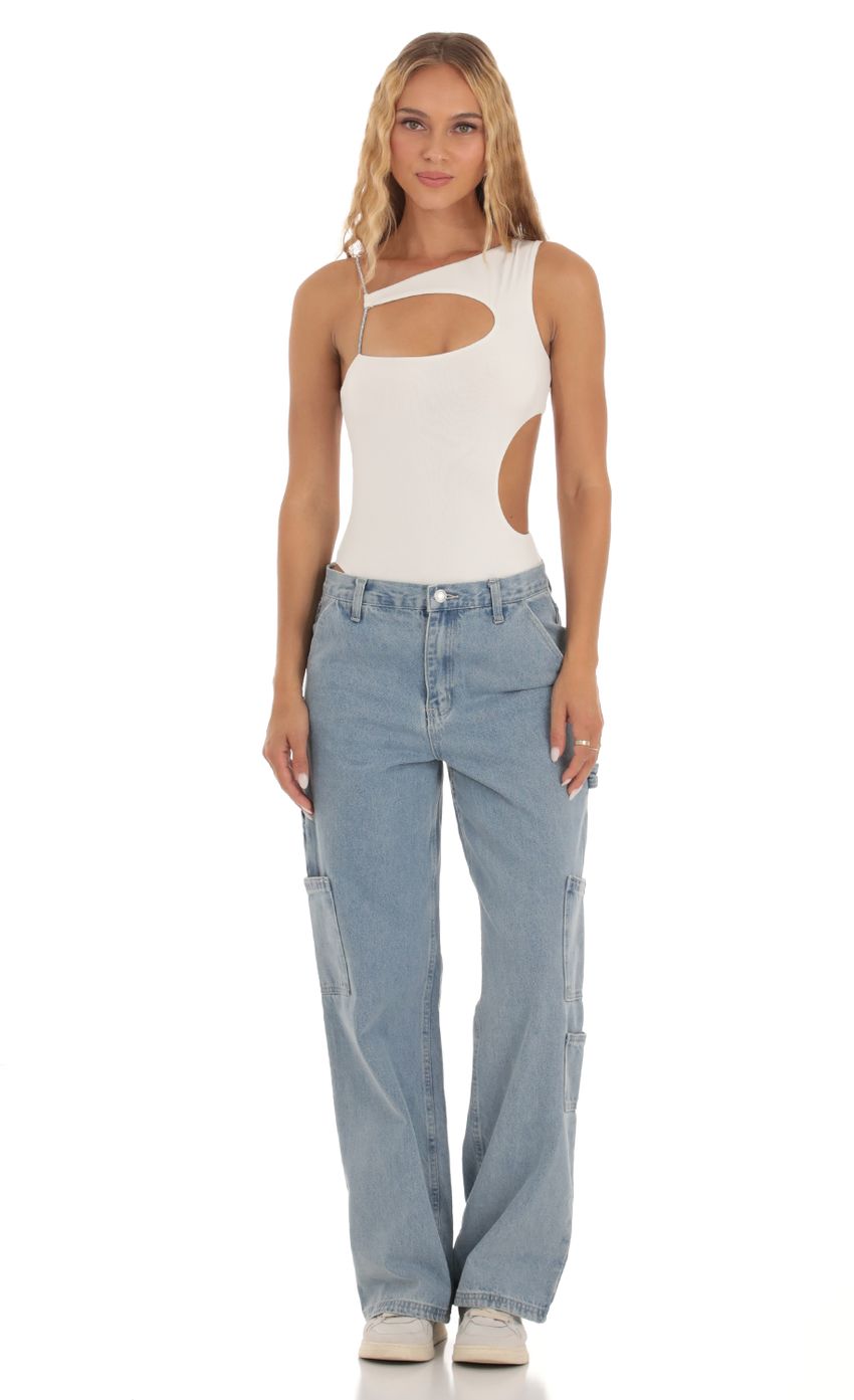 Picture Delanie Rhinestone Cutout Bodysuit in White. Source: https://media.lucyinthesky.com/data/Sep23/850xAUTO/9d8c94c1-dbaa-458c-b99e-80861422d94a.jpg