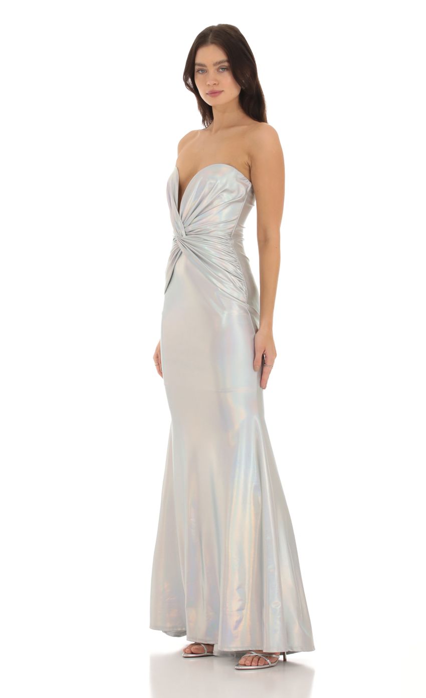 Picture Diaval Metallic Twist Strapless Dress in Silver. Source: https://media.lucyinthesky.com/data/Sep23/850xAUTO/b3f128f1-74f1-480d-a6c0-612d34e41061.jpg