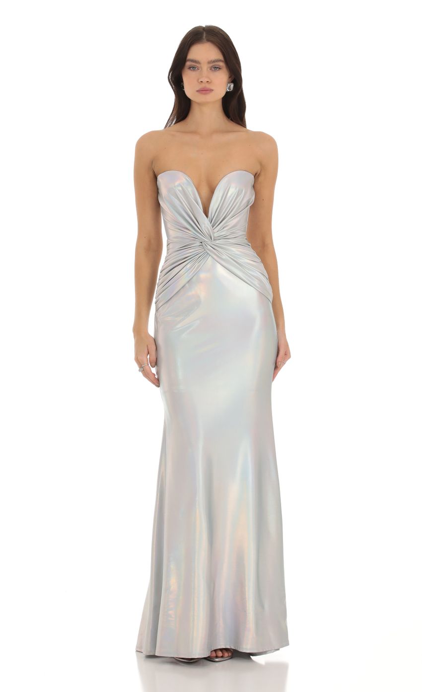 Picture Diaval Metallic Twist Strapless Dress in Silver. Source: https://media.lucyinthesky.com/data/Sep23/850xAUTO/b8f669fd-bfd8-4e01-9f52-dcc995cc5603.jpg