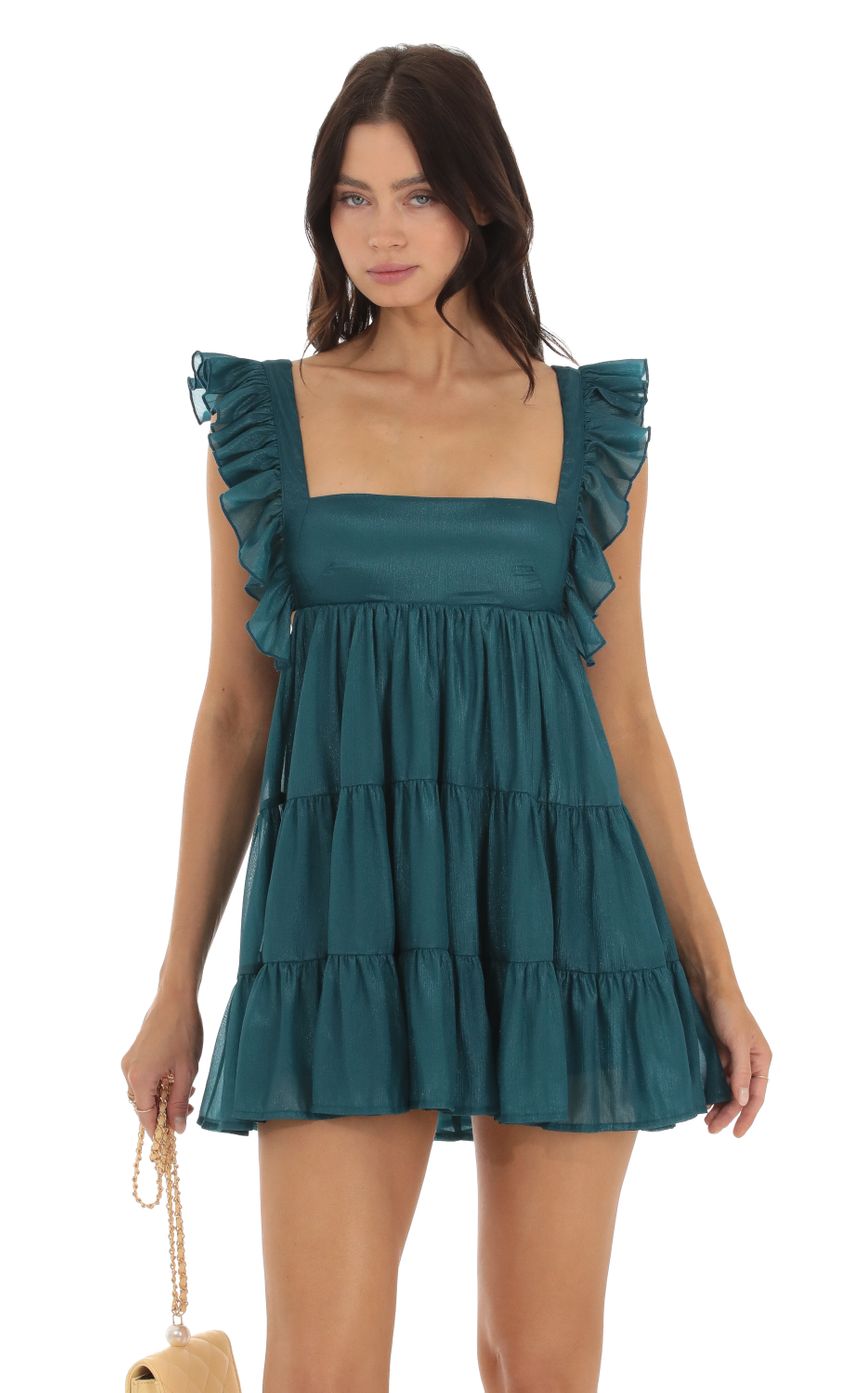 Gisela Chiffon Baby Doll Ruffle Dress in Teal LUCY IN THE SKY