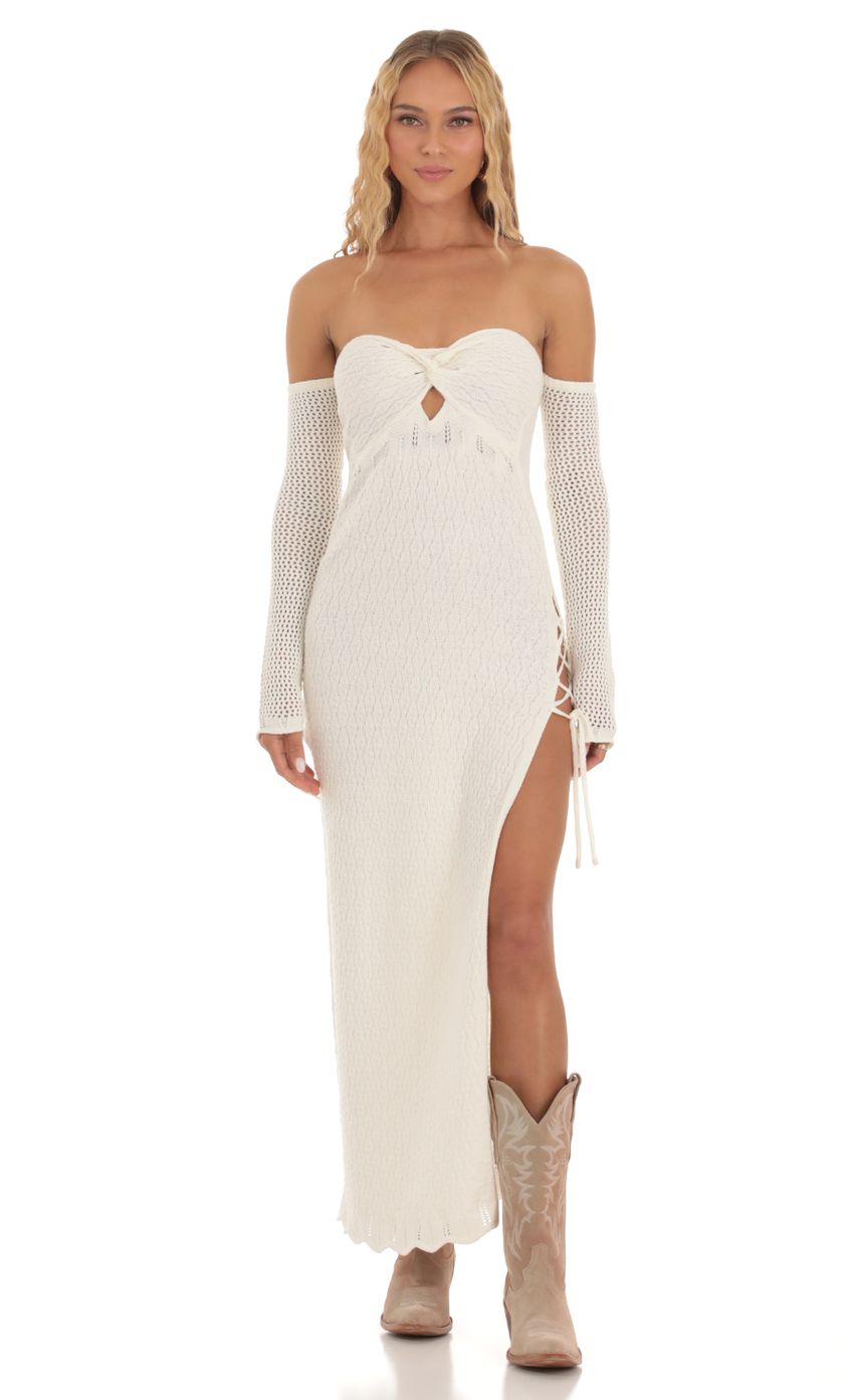 Picture Romona Off Shoulder Crochet Dress in Ivory. Source: https://media.lucyinthesky.com/data/Sep23/850xAUTO/cff98068-6f54-4161-8d52-64b220292a72.jpg