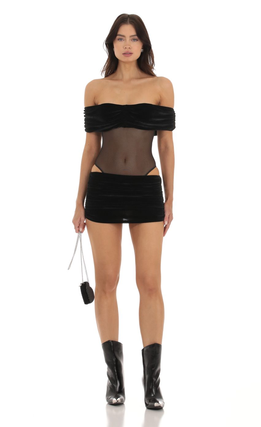 Picture Ausha Velvet Off Shoulder Two Piece Set in Black. Source: https://media.lucyinthesky.com/data/Sep23/850xAUTO/d30551ad-f366-4e99-aa35-1884537996b5.jpg