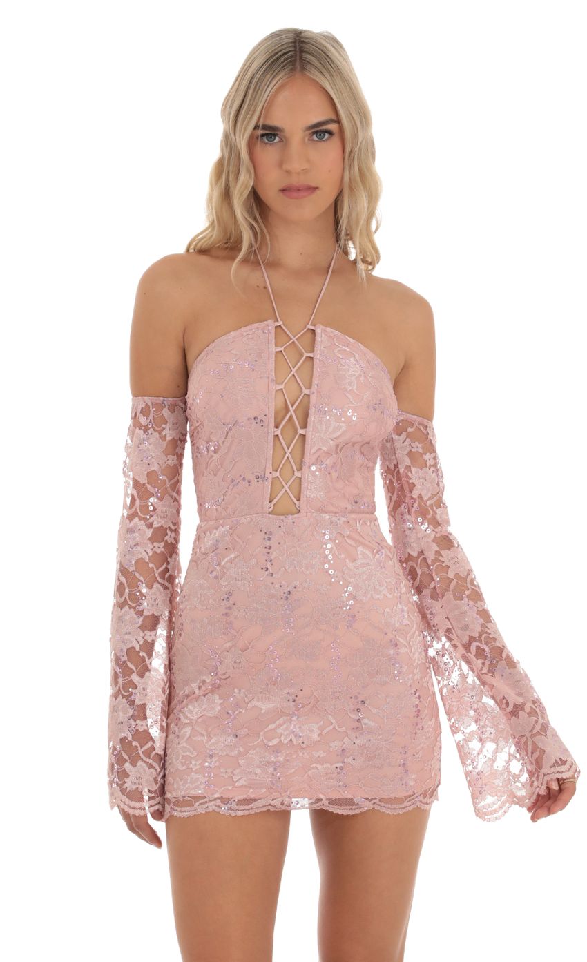 Picture Laina Lace Sequin Off Shoulder Dress in Dusty Rose. Source: https://media.lucyinthesky.com/data/Sep23/850xAUTO/deead52b-3940-442a-8537-19076749073d.jpg
