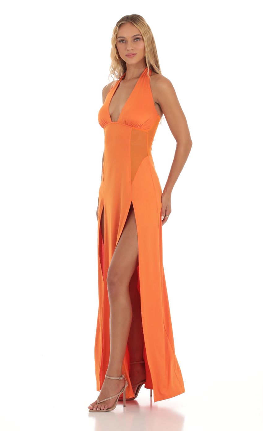Picture Sunnie Halter Double Slit Maxi Dress in Orange. Source: https://media.lucyinthesky.com/data/Sep23/850xAUTO/e0cdfa58-48ce-4486-b0ac-33f455c0ce1c.jpg