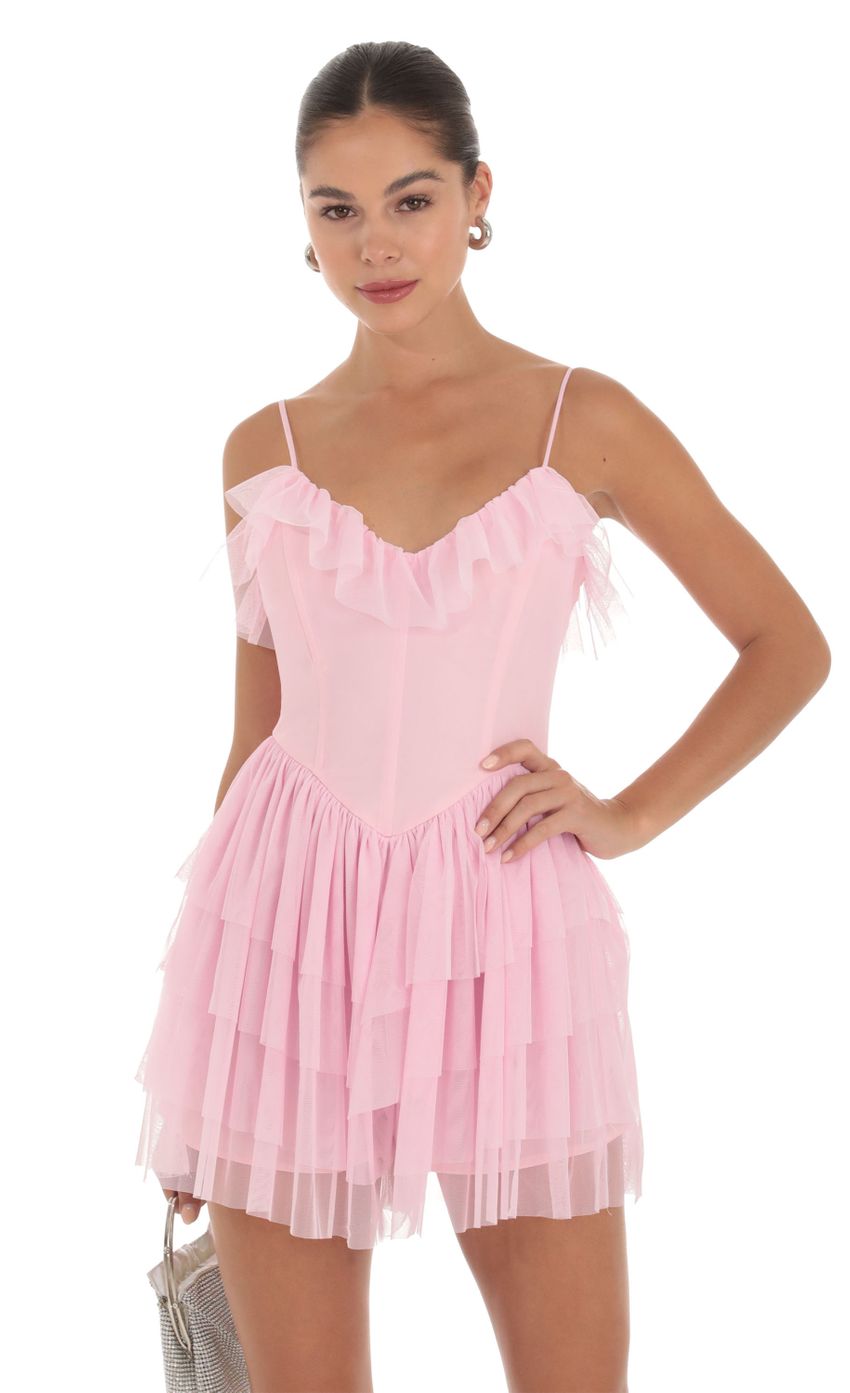 Picture Kailin Corset Ruffle Romper in Pink. Source: https://media.lucyinthesky.com/data/Sep23/850xAUTO/fb21a637-9755-4c79-bce0-ff05a9f3176b.jpg