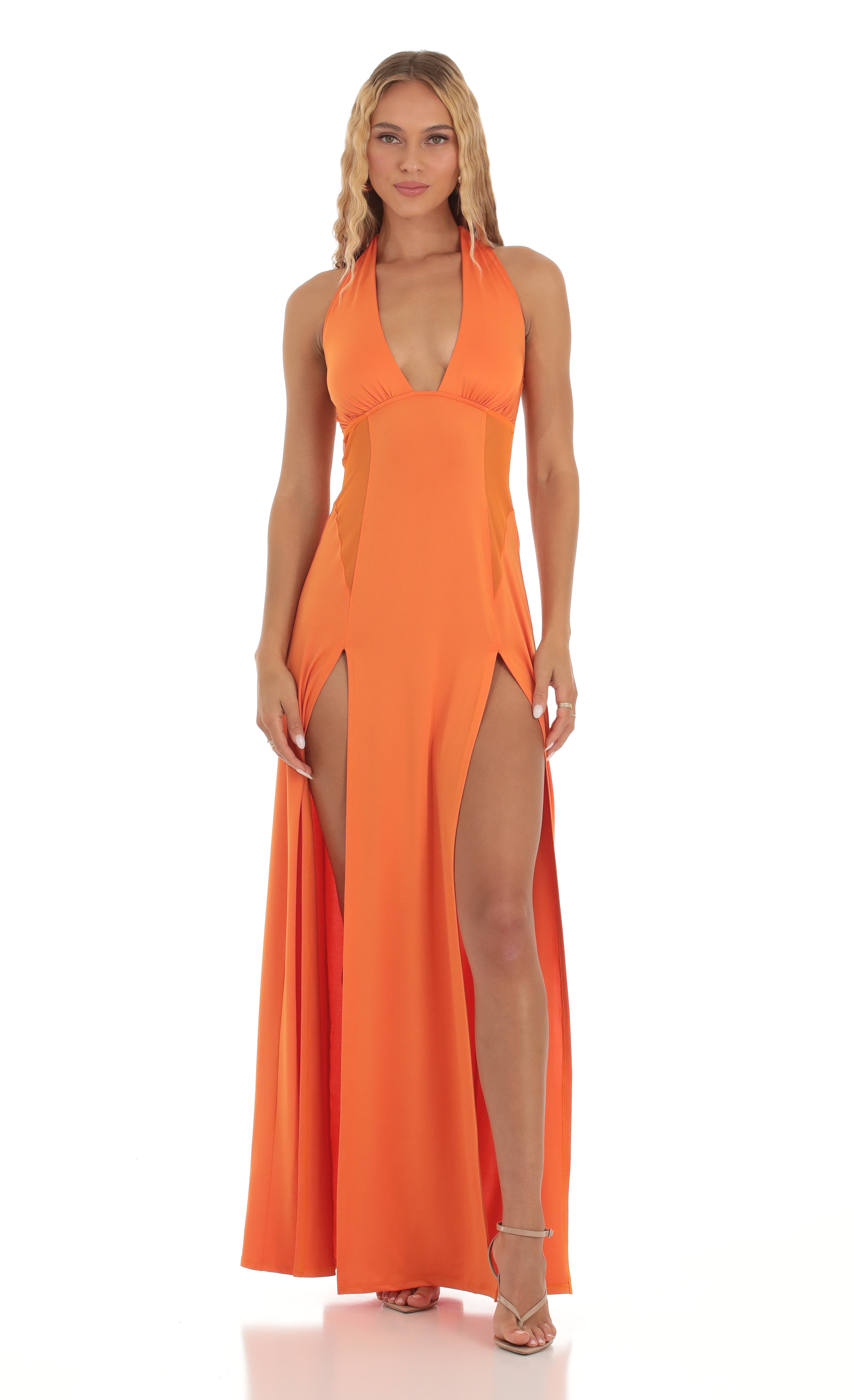 Sunnie Halter Double Slit Maxi Dress in Orange