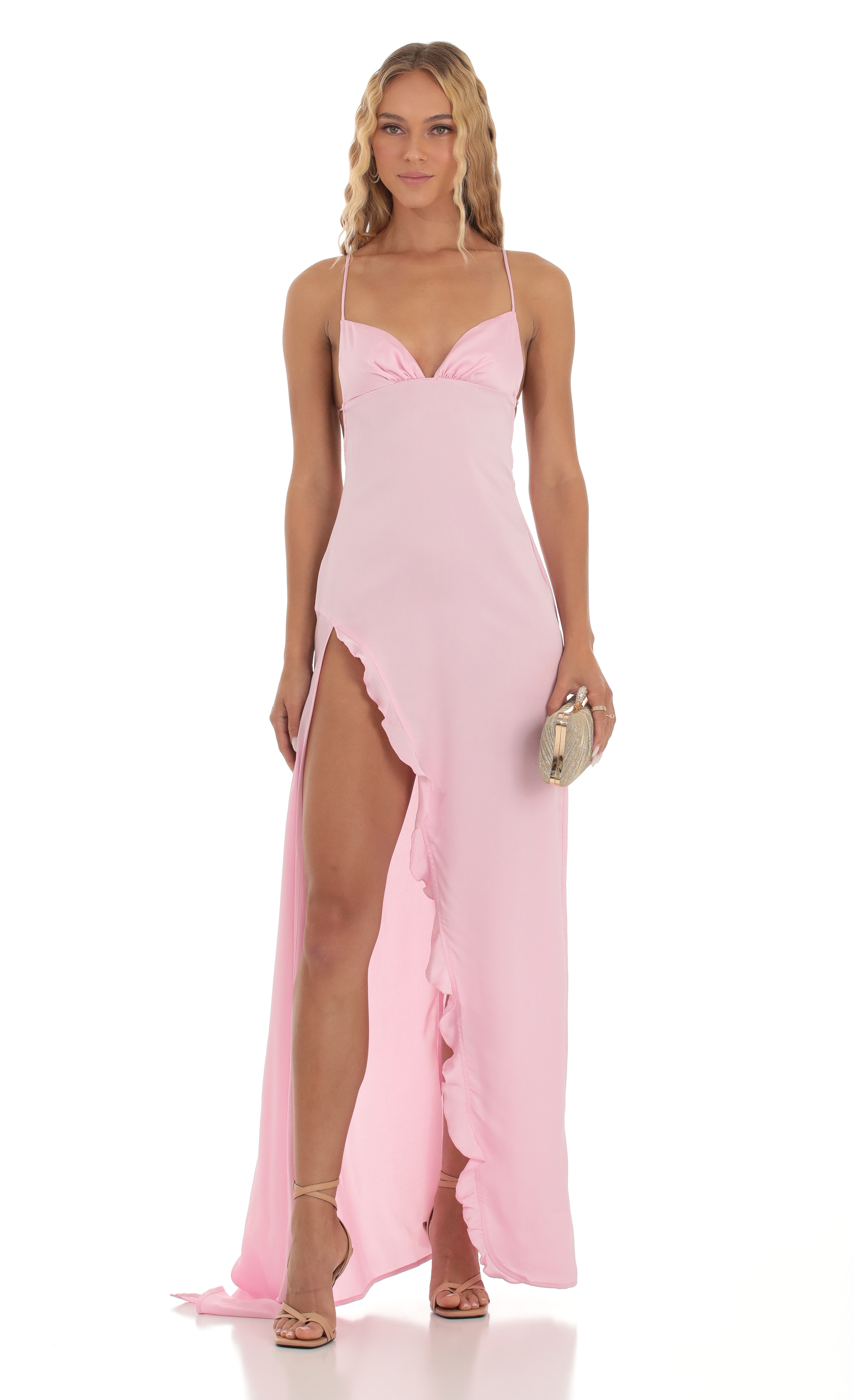 Siobhán Satin Ruffle Maxi Dress in Pink