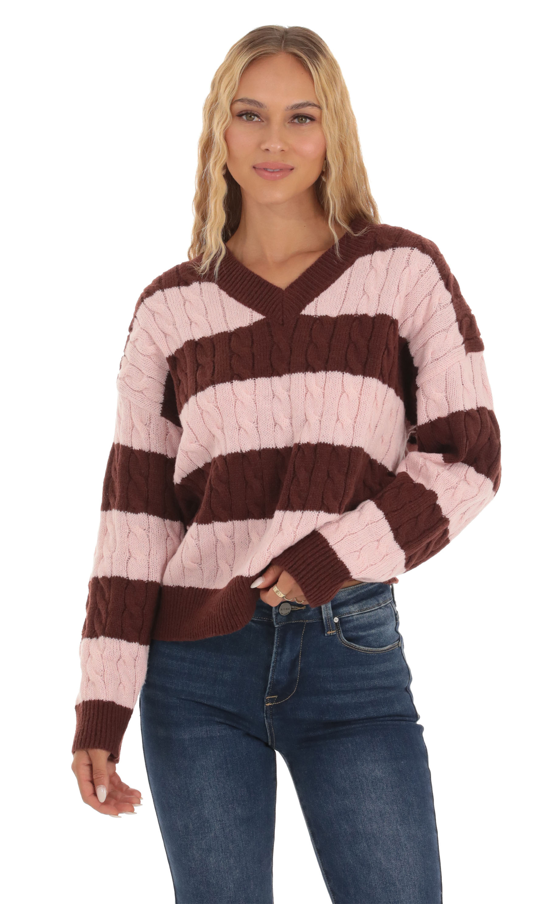 Striped Cable Knit Jumper in Pink and Brown
