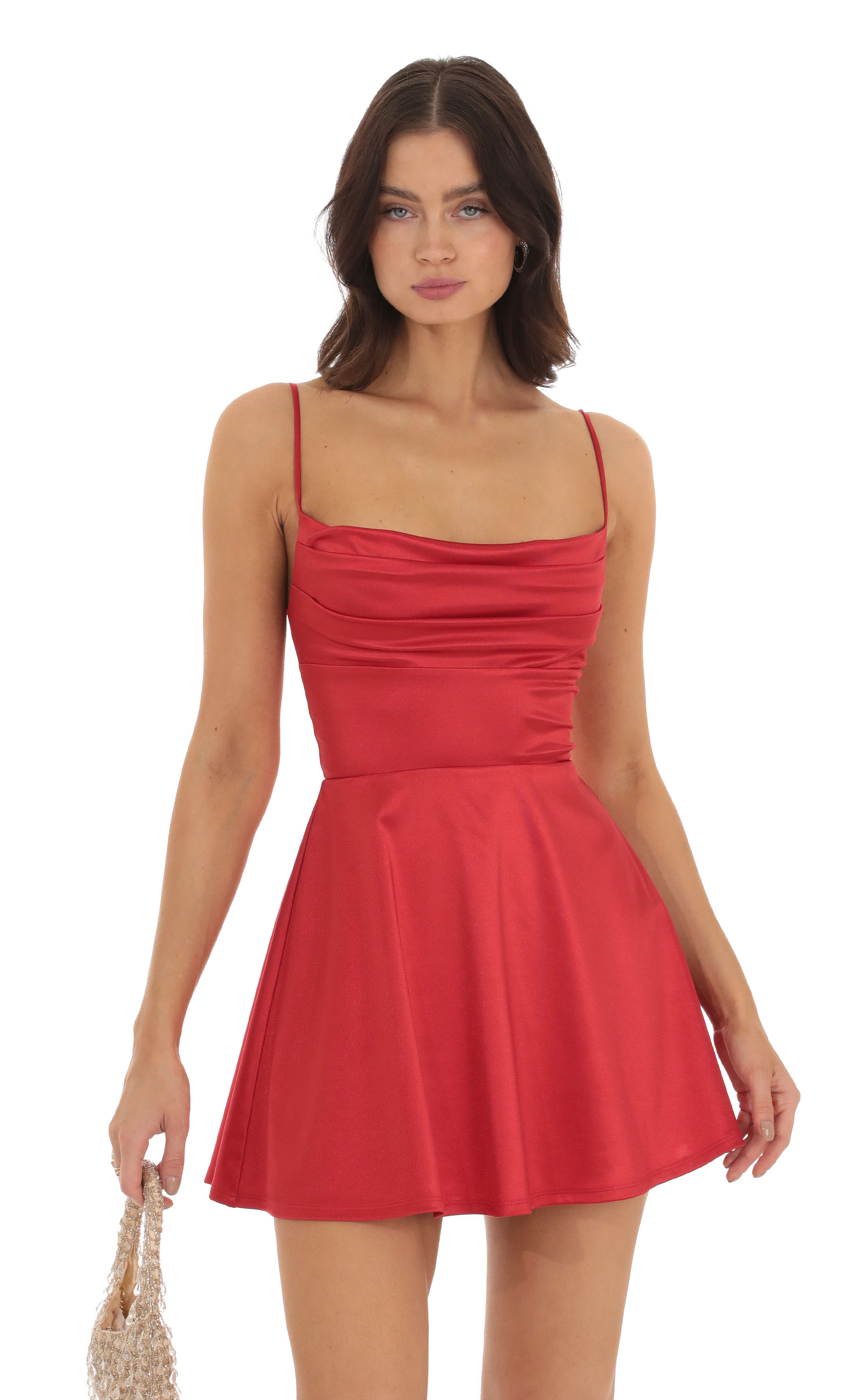 Jewel Satin Cowl Neck Dress in Red