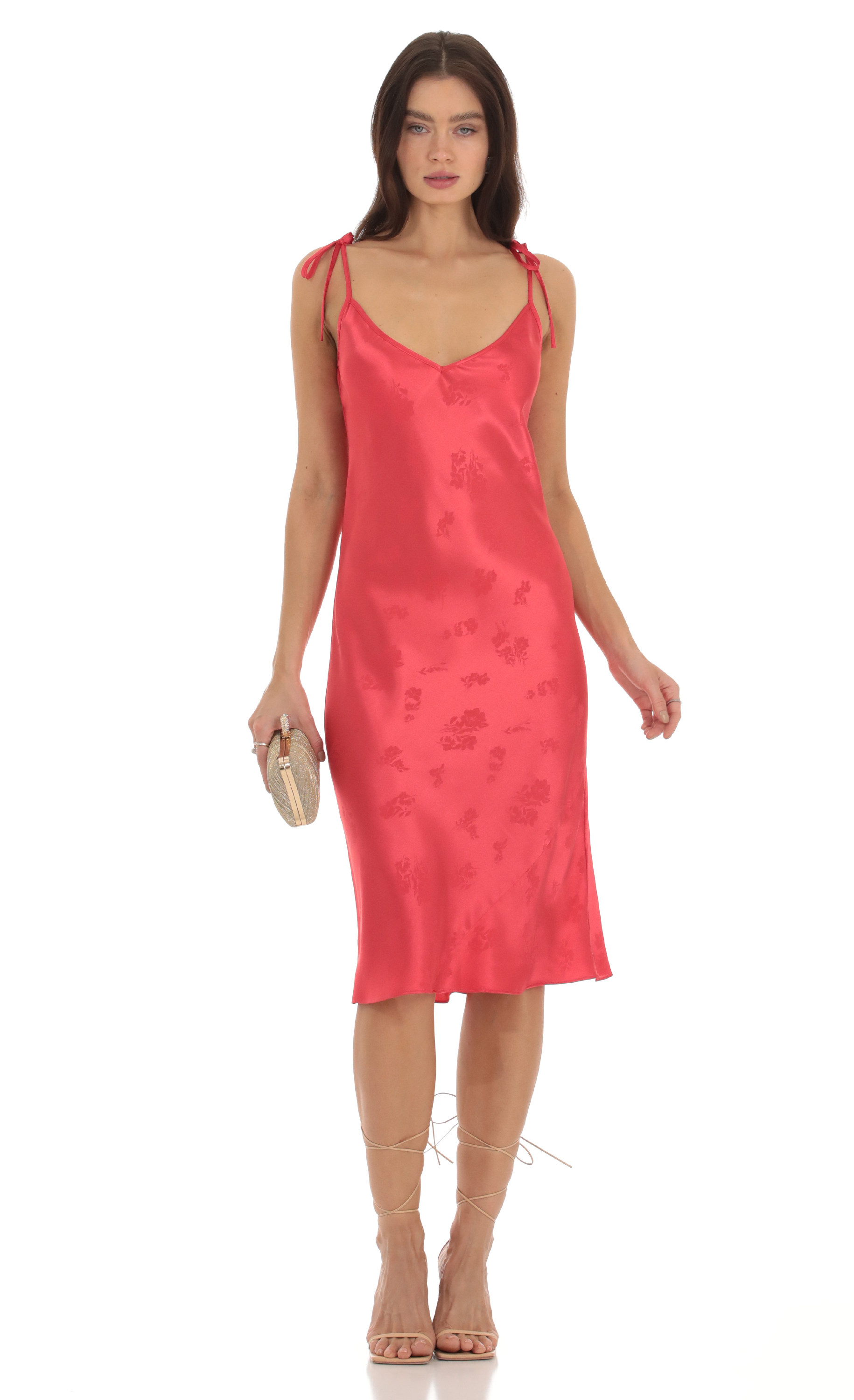 Dixy Floral Satin Midi Dress in Red